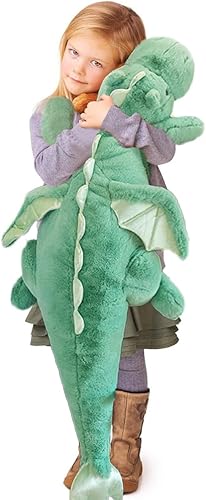 Miniatura 7 de ARELUX Lindo dragón de peluche de animales de peluche, suave peluche de pterosaurio verde mullido, almohada de dinosaurio con alas para niños y
