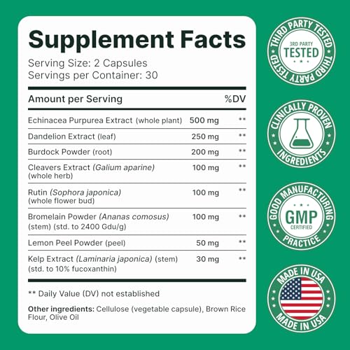 Image of Lymphatic Drainage Supplement - Lymphatic Drainage Capsules with Dandelion, Burdock, Cleavers & Echinacea, Supports Bloating, Fluid Balance & Daily Lymphatic Wellness - 60 Capsules