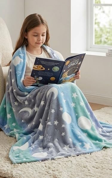 THESTORYBOX Glow in The Dark Blanket Kids-Teens Boys & Girls Travel Lightweight Throw Blankets Soft & Fluffy for Kids (Multicolor-Moon Star)-image-6