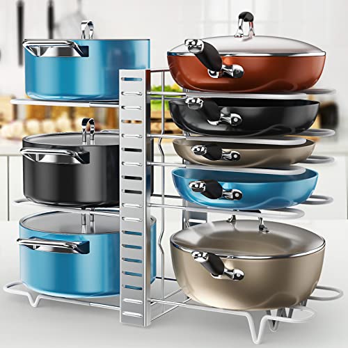 Ordora Pots And Pans Organizer For Cabinet, 8 Tier Pot Rack With 3 Diy Methods, Adjustable Pan Organizer Rack For Cabinet, Pot Organizer For Kitchen Organization & Storage, Pot Lid Organizer, Silver #TOP4