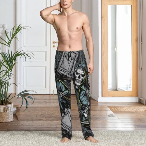 Vosery Mens Pajama Pants Bottoms With Pockets- Grim Reaper Tombstones Pattern Soft Men Lounge Pants, Comfy Mens Pj Pants2