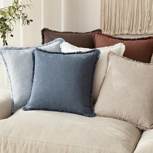 Image of Foindtower Decorative Linen Fringe Throw Pillow Covers Cozy Boho Farmhouse Cushion Cover with Tassels Accent Pillowcase for Chair Sofa Bed Living Room Home Decor, 22x22 Inch,1PC,Dark Blue