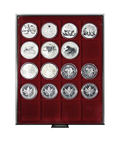 Lindner 2721 Coin Box with 20 Square indents for Coins/Capsules of Ø 51 mm-Smoked Glass/Dark red Insert