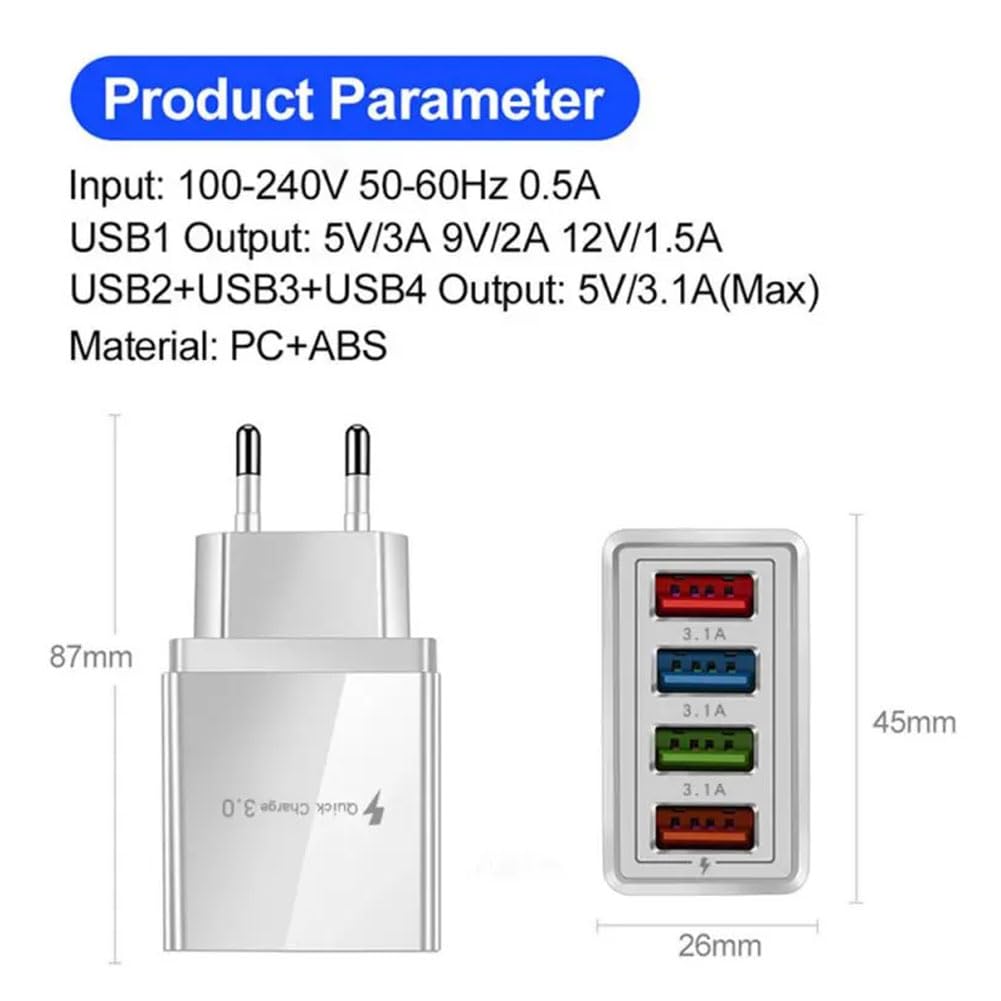 Wielu ładowarka USB, ładowarka ścienna USB, 4 porty adapter ładowarki ściennej, kompatybilny z większością smartfonów i innymi produktami cyfrowymi na rynku, biały