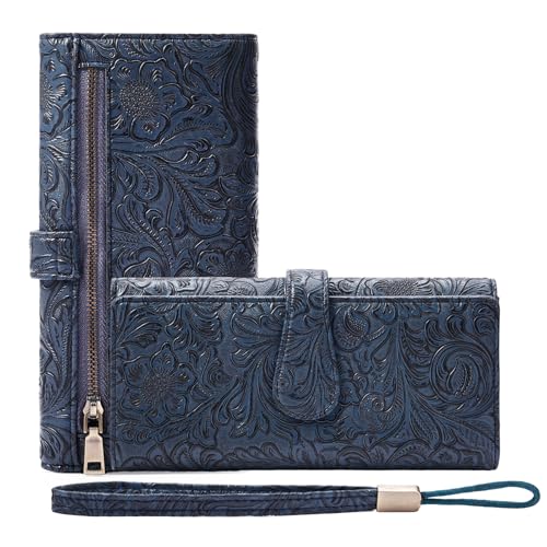 Image of Wristlet Wallet for Women Leather Clutch Purse Trifold Card Holder RFID Blocking Large Capacity Blue