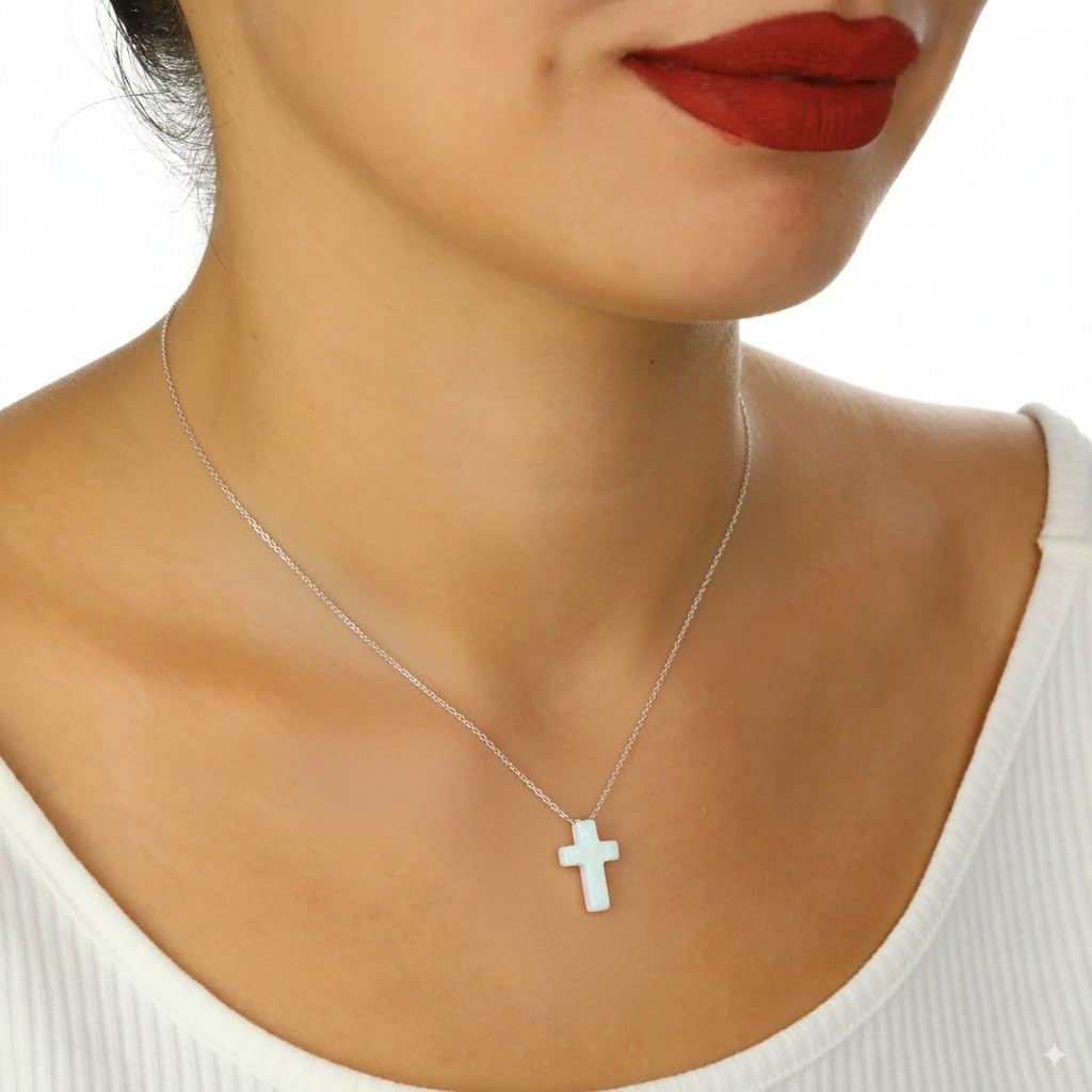 White Opal Cross Necklace, Elegant Sterling Silver Adjustable Chain Religious Jewelry, Meaningful Gift for Spiritual Celebrations - Image 5