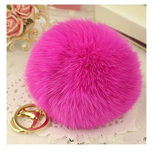 Gold Plated Keychain Cute Genuine Rabbit Fur Ball Pom Pom Keychain for Car Key Ring Handbag Tote Bag Pendant Charm (Rose Red)