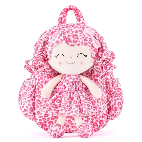 Image of Gloveleya Toddler Backpack Baby Girl Gifts Curly Hair Plush Doll Dress Backpack Kids Backpack Curly Hair Animal Edition - Pink and White Leopard 11''