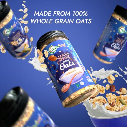 Image of Nutriorg 100% Organic Rolled Oats 1000gm | Pack of 2 | Gluten Free | High protein | Weight loss | Fibre Rich | Easy to Cook | Overnight Oats | Nutritional Breakfast Cereal Oats | Air Tight Plastic Jars