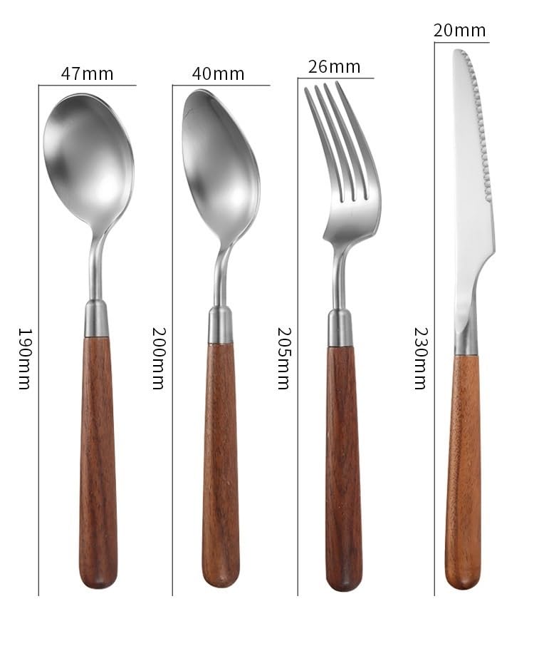Ensemble de Couverts, 4/16/24/32 pièces, Manche en Bois, Acier Inoxydable 304, Couteau à Steak, Fourchette et cuillère, Service de Table pour Restaurant et Usage Domestique, argenté - 4 ense
