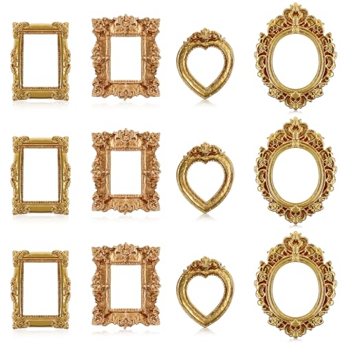 Sibba Lot de 12 cadres vintage en résine dorée pour maison de poupée miniature à l'échelle 1/12 avec détails sculptés - Mini cadre pour suspension...