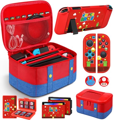 9in1 Carrying Case for Nintendo Switch Travel Carry Cases Bundle Cute Boys Protective Cover+Thumb Grips Button Caps+Game Card Holder+Dock Sticker Wrap Accessories Storage Bag for Switch 2017