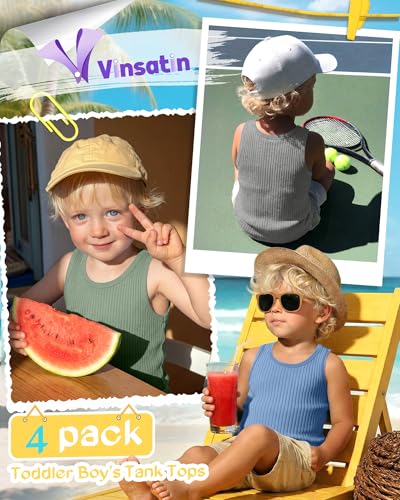 Image of 4 Pack Toddler Boys Cotton Tank Tops | Ribbed, Sleeveless T-Shirts, Summer Undershirts, Slim Fit, Crewneck, Layering, Sizes 18M-5T