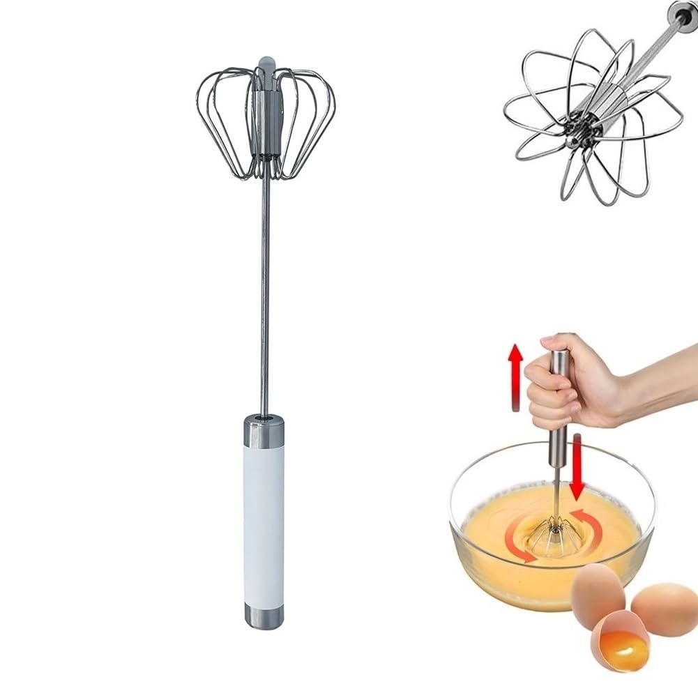 12inch Stainless Steel Semi-Automatic Whisk Egg Whisk Hand Push Rotary Whisk Blender Semi Auto Egg Beater Hand Push Mixer Stirrer Egg Scrambler for Blending, Whisking, Frothing, Beating & Stirring
