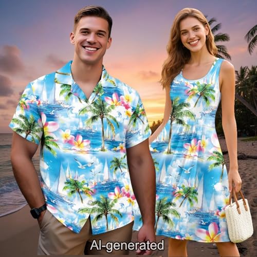 Image of Dreaweet Summer Dresses for Women A-Line Sleeveless Flowy Sun Dresses,Men's Casual Button-Down Shirts,Couple Matching Outfits