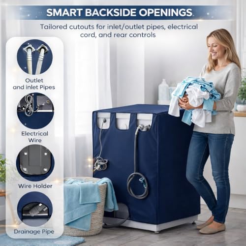 Image of AMAZOR Front Load Fully Automatic Washing Machine Cover for 8 Kg, 8.5 Kg, 9 Kg, 9.5 (Navy Blue) | Waterproof & Dustproof Polyester Fabric with Zipper | Protection Cover | 63 x 63 x 93 cms