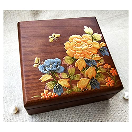 Boîte à bijoux rétro en bois massif sculpté avec finitions fleurs antiques de style vintage