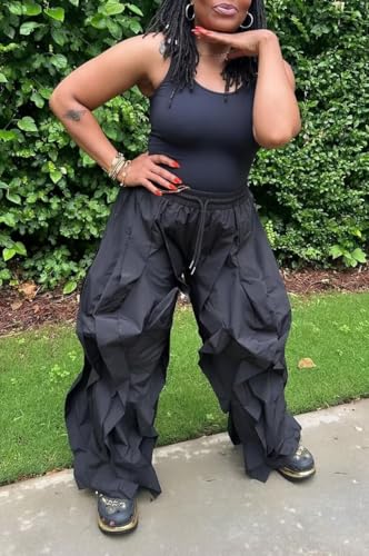 LROSEY Women Baggy Ruffle Wide Leg Pants Trendy Casual Y2k Drawstring Cargo Joggers with Pockets2