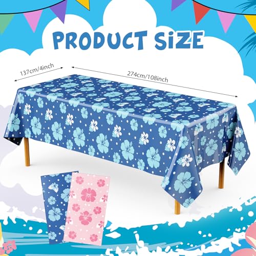 Image of Oudain 2 Sheets Hawaii Hibiscus Tablecloth Tropical Luau Table Cloth Birthday Party Decorations Blue Cartoon Table Covers for Birthday Party Supplies