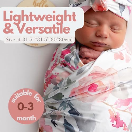 Image of Newborn Baby Girl Receiving Blanket Swaddle Blanket Stretchy Knit Swaddle Set with Matching Headband Beanie with a Name Card (Pink Floral Ink Leaf)