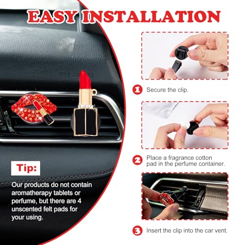 Image of Rislobx 4PCS Bling Car Air Freshener Vent Clip, Crystal Diamond Lips Lipstick Carnival Mask Car Diffuser Vent Clip Cute Car Bling Accessories Decoration for women (Red)