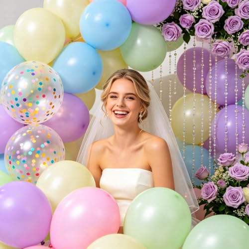 Image of 12 Inch Pastel Balloons Pink Blue Green Purple Yellow 68Pcs Pastel Rainbow Latex Balloon with Colorful Confetti Party Balloons for Easter Birthday Baby Shower Bridal Wedding Party Decoration
