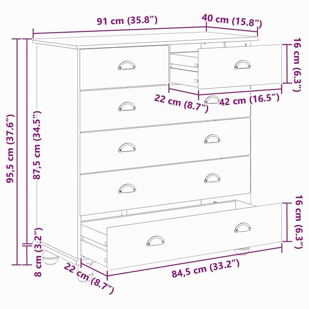 vidaXL Cajón de Gaveta ASKIM 91 x 40 x 95,5 cm Madera de Pino Macizo, Cómoda con Estilo, Almacenamiento Duradero, Mueble Funcional, organización Minimalista para el hogar