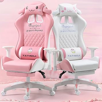 Gaming Chair, Office Chair, Gaming Chair, Recliner, Computer Chair, Desk Chair, Adjustable Armrests, Ottoman, No Fatigue, Cute Chair, Telework Ottoman Not Included, White + Pink - 1