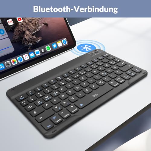Rii Bluetooth Tastatur für Tablet, Tragbare Slim Tastatur mit Scissor-Mechanismen, Wiederaufladbar, QWERTZ Layout, Kompatibel mit iPad/Android/Windows, Schwarz 2