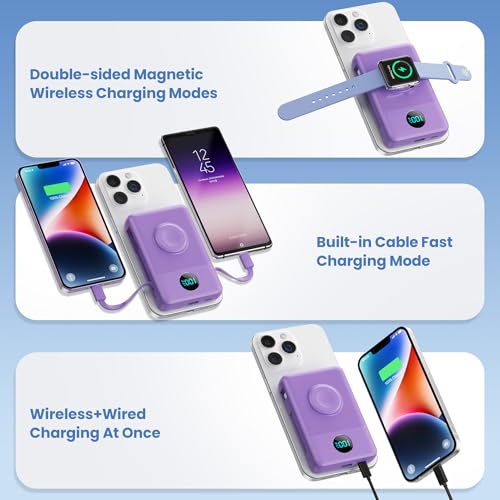 Image of APHUWJ Magnetic Portable Charger Power Bank,Compact 10800mAh LCD Display Wireless Portable Charger,PD USB-C in&Out Battery Pack Compatible with Magsafe,iPhone 17 /17 Pro Max /16 /15 /14 Series (Purple)