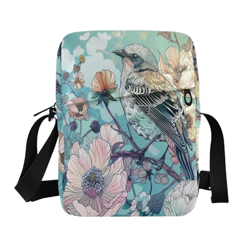 messenger bags for women mens crossbody Cross Body Purse Adjustable Strap for Travel Travel- Elegant Bird Blue