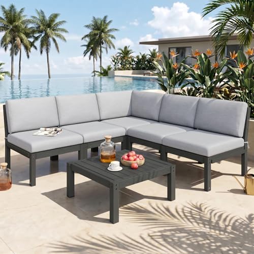 Image of Modular Outdoor Patio Conversation Set, 6-Piece L-Shaped Sectional Sofa Set with Coffee Tables & Thick Cushions, Easy Side Interlock, HIPS All-Weather Patio Furniture Set for Backyard, Deck, Poolside