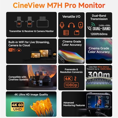 Image of Accsoon CineView M7H Pro 4K60 Wireless Video HDMI Transmitter Receiver&Camera Monitor 7inch, 1200FT 60ms Latency with Camera Control 3D Luts, 4 Devices Monitoring, Pair CineView Master 4K /SE 4K /HE /SE