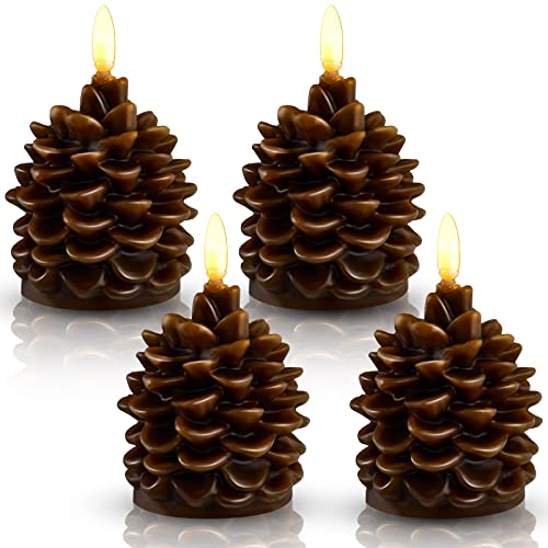 Hortsun 4 Pieces Christmas Pinecone Candles Flameless Acorn Decor LED Pinecone Candle Decor Real Wax Unscented Battery Operated Candle for Thanksgiving Christmas Winter Holiday Decoration(Brown)