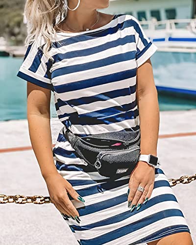 Image of PRETTYGARDEN Women's Summer Short Sleeve Crewneck Striped Dress Basic Solid Tie Waist Office T Shirt Dresses Pockets