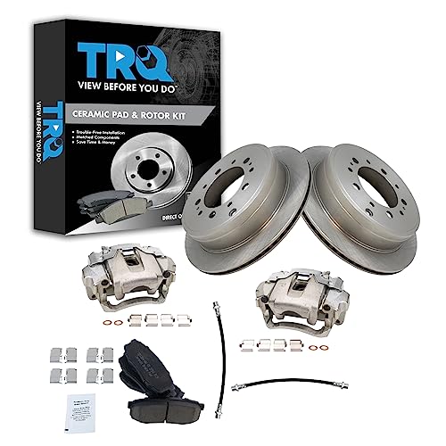 Image of TRQ Rear Brake Pad and Rotor Set Ceramic Vented Rotors Calipers Hoses Compatible with 2013-2015 Lexus LX570 Land Cruiser