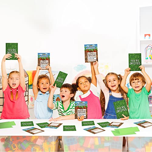 25 Pieces Pixel Video Birthday Party Supplies Game Themed Party Invitations Invite Card With Green Envelopes For Boy Kids Pixel Gamer Party Decorations Supplies #TOP3