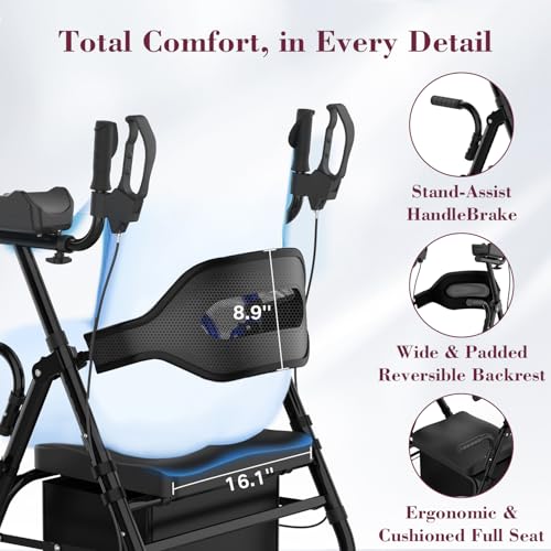 Image of Upright Rollator Walker, Heavy Duty Stand Up Walkers for Seniors with Seat and Reversible Backrest, Foldable Standing Rollator with 8 inch Anti-Slip PU Wheels, Black