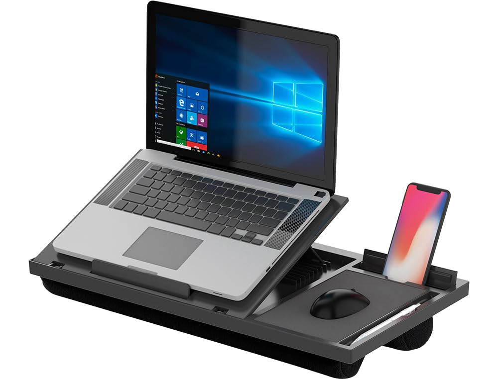 Q-Connect Supporto per laptop con tappetino per mouse e supporto per telefono/supporto ergonomico per computer portatile, in plastica, nero, 51,8 x 28,1 x 5,9 cm, 1,26 kg