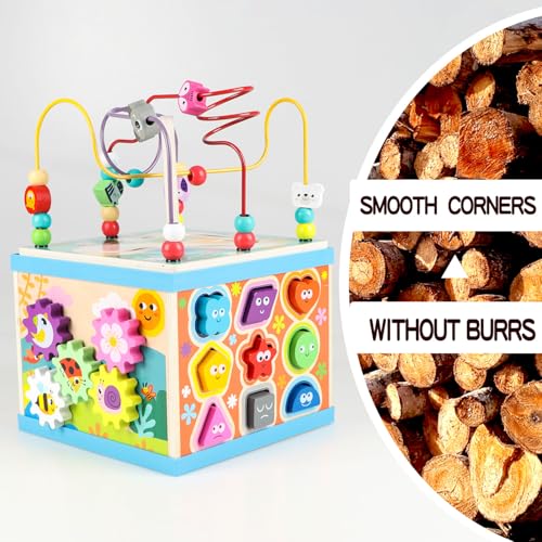 Image of Qilay Wooden Activity Cube for Toddlers, 5 in 1 Multipurpose Abacus Early Educational Montessori Toys, Learning Toys for Kids | Bead Maze, Great for Boys Girls