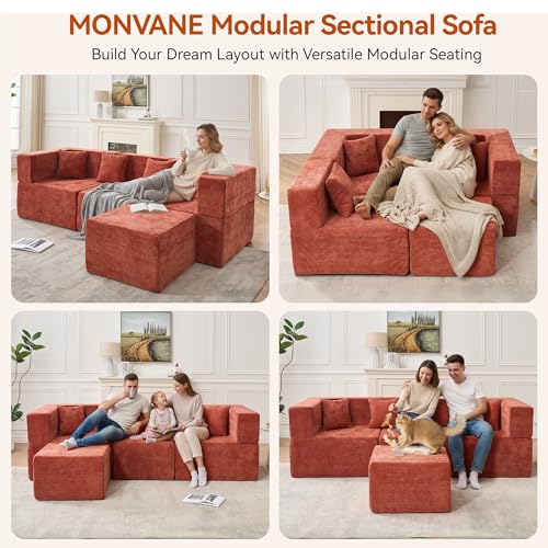 Image of MONVANE 103'' Modular Sectional Sofa, Cloud Sectional Couch with Ottoman, Convertible Chenille L Shaped Couch with Deep Seat, Sectional Couches for Living Room Bedroom, No Assembly Required, Rust Red