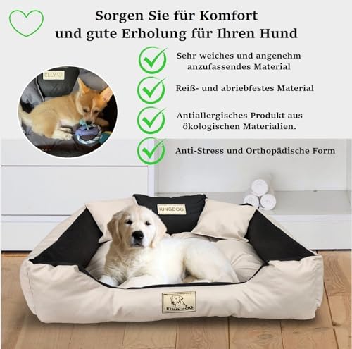 KING DOG Hundebett Mittelgroße Hunde Waschbar M 75 x 65 cm Hundekissen Haustierbett Hundekorb Personalisiert - Name des Hundes Wasserdichtes Material Silikon Füllung Beige