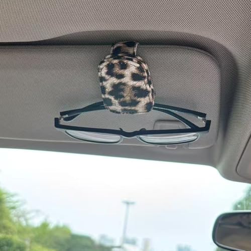 DRIYANN Leopard Car Visor Sunglasses Holder, Magnetic Leather Clip with Ticket Card Storage, Universal Fit for SUV/Truck/Car, Fashion Sun Visor Accessories Gift for Women