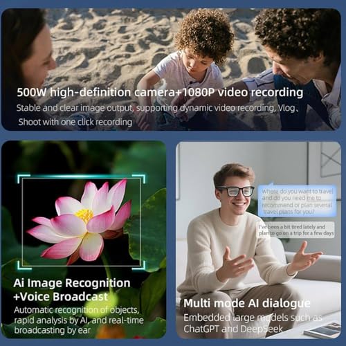 Lunettes Bluetooth avec caméra HD et assistant vocal, reconnaissance des objets, réduction du bruit pour une meilleure assistance au bureau
