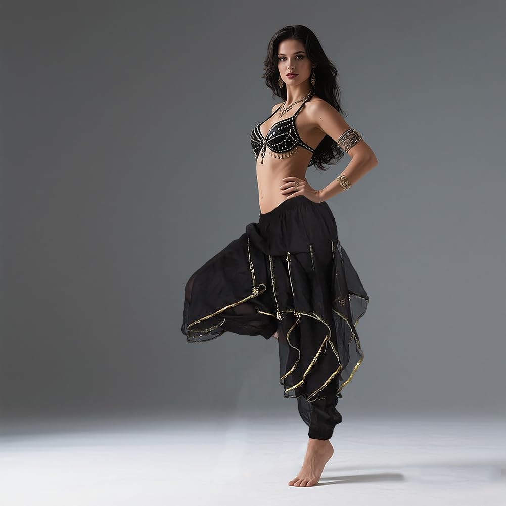 Women‘s Belly Dance Harem Pants with Golden Trim High Waist Stretchy Pants for Yoga Practice Stage Performance - Image 4