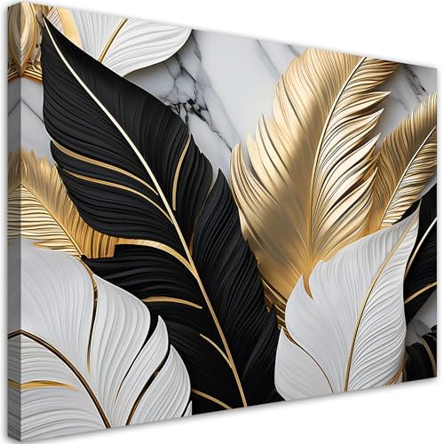 Feeby Viles - Leinwand Bilder - Goldene Blätter Marmor - 60x40 cm - Deko Wohnzimmer - Wandbilder Schlafzimmer - Deko Aesthetic - Wand Deko - Leinwand Groß - Deko Zimmer - Leinwandbilder XXL