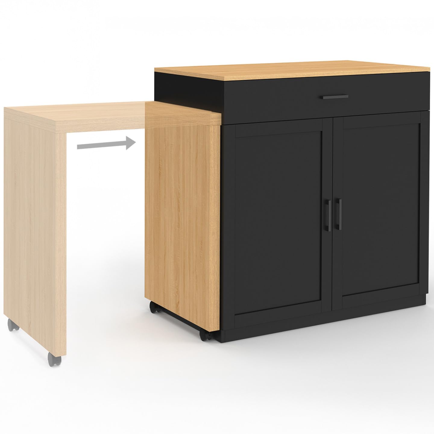 IDMarket - Ilot central VITO 94-155 cm bois noir avec table à manger extensible intégrée façon hêtre