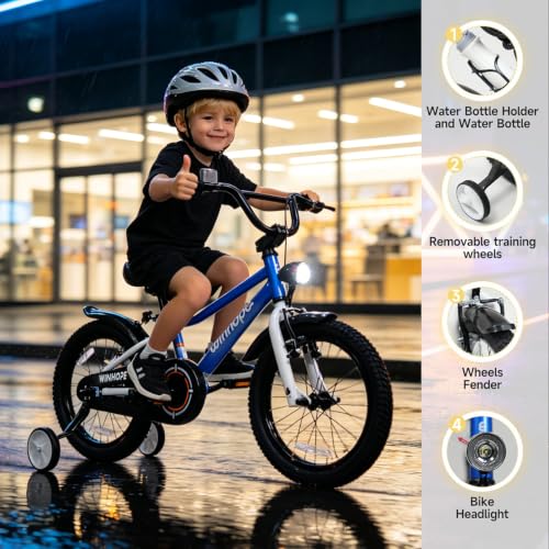 Image of WinHope Kids Bike with Headlight, 12-20 Inch Pedal Bike for 2-12 Boys Girls | Steel Frame with Training Wheels Water Bottle | Dual Brake for Summer Outdoor Riding | Birthday Gift for Toddlers
