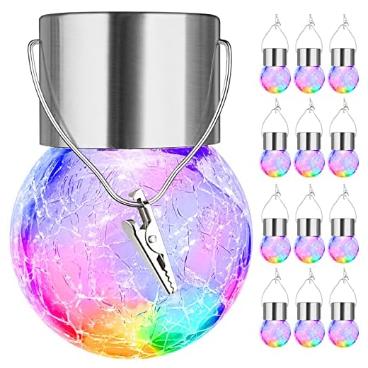 12-Pack Hanging Solar Lights Outdoor, Decorative Cracked Glass Ball Light, Solar Powered Waterproof Globe Lighting with Handle for Garden, Yard, Patio, Tree, Holiday Decoration(Multicolor)
