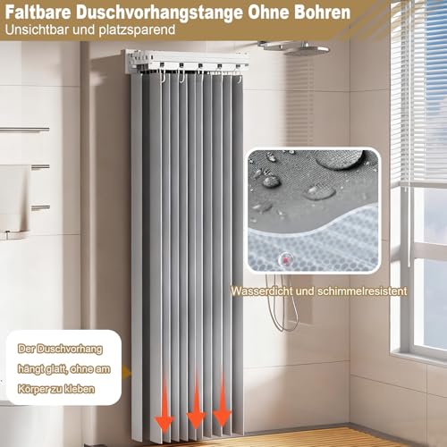 Faltbare Duschvorhangstange Ohne Bohren, 4-fach Faltbar & Drehbar, Aluminiumlegierung, mit 180 x 200 cm Wasserdichtem Antischimmel Duschvorhang, Für Badezimmer Badewanne (Weiß/Grau)